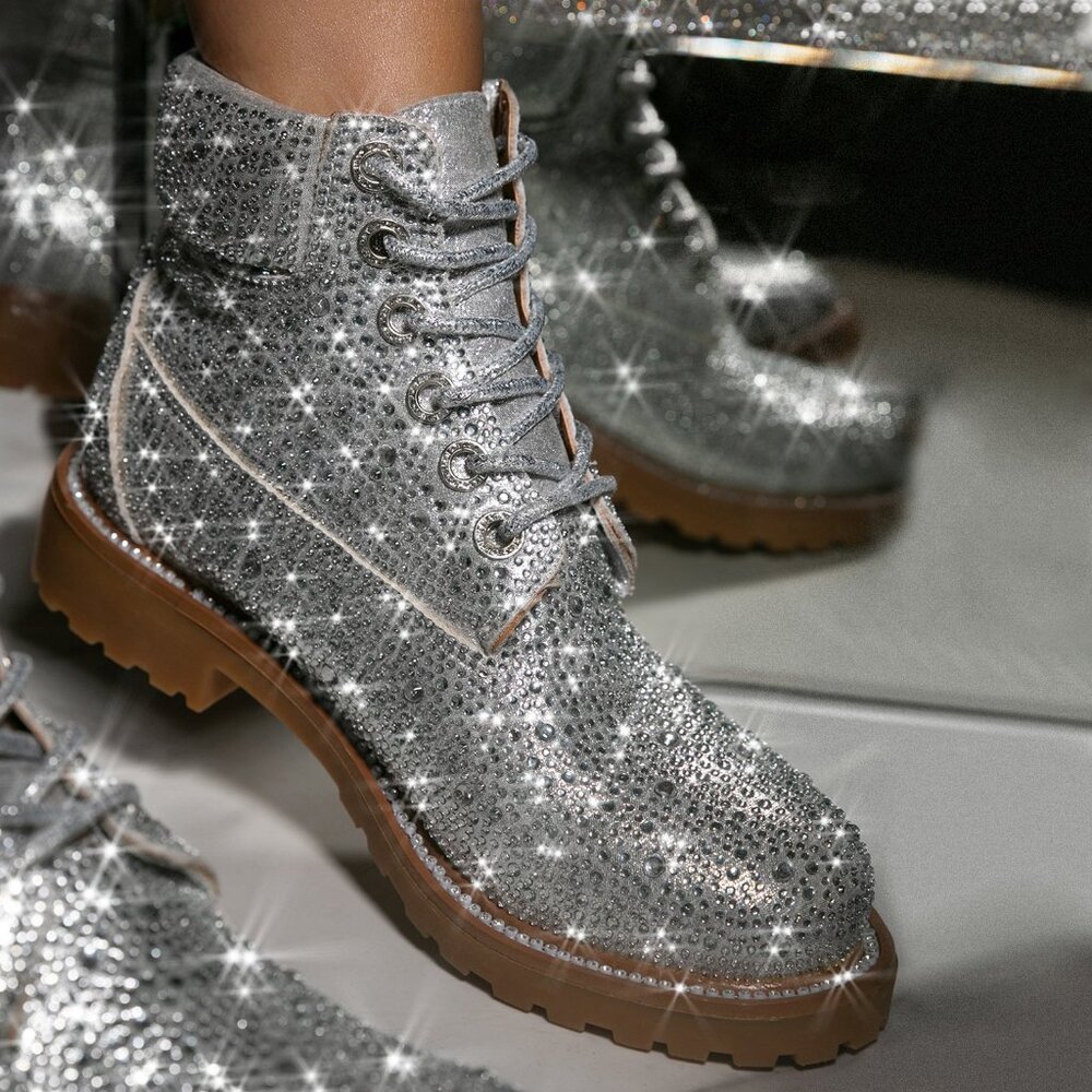 NEW🔥 Silver Rhinestone Crystal Lace Up Combat Ankle Booties Boots Military Moto